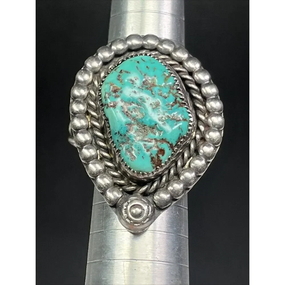 Sterling Ring 925 Turquoise Ring Size 8 Navajo Inspired Signed RL Vintage Chunky